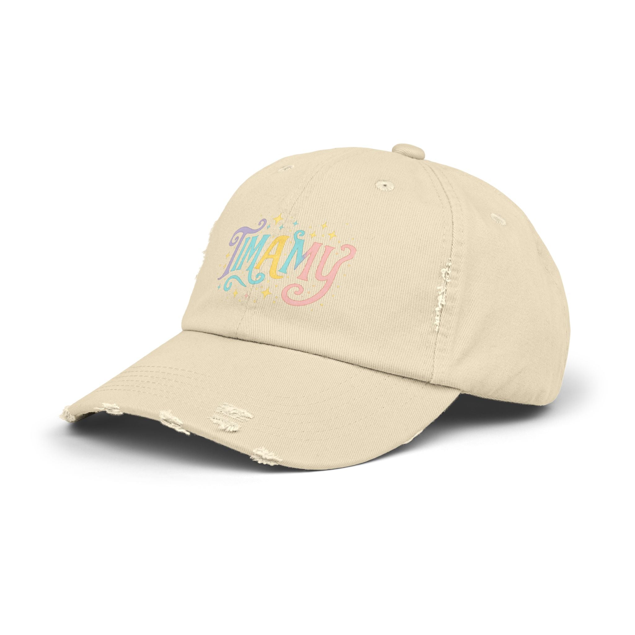 Distressed Baseball Cap — "MAMY" Pastel Retro Script Hat for Moms, Mother's Day Gift