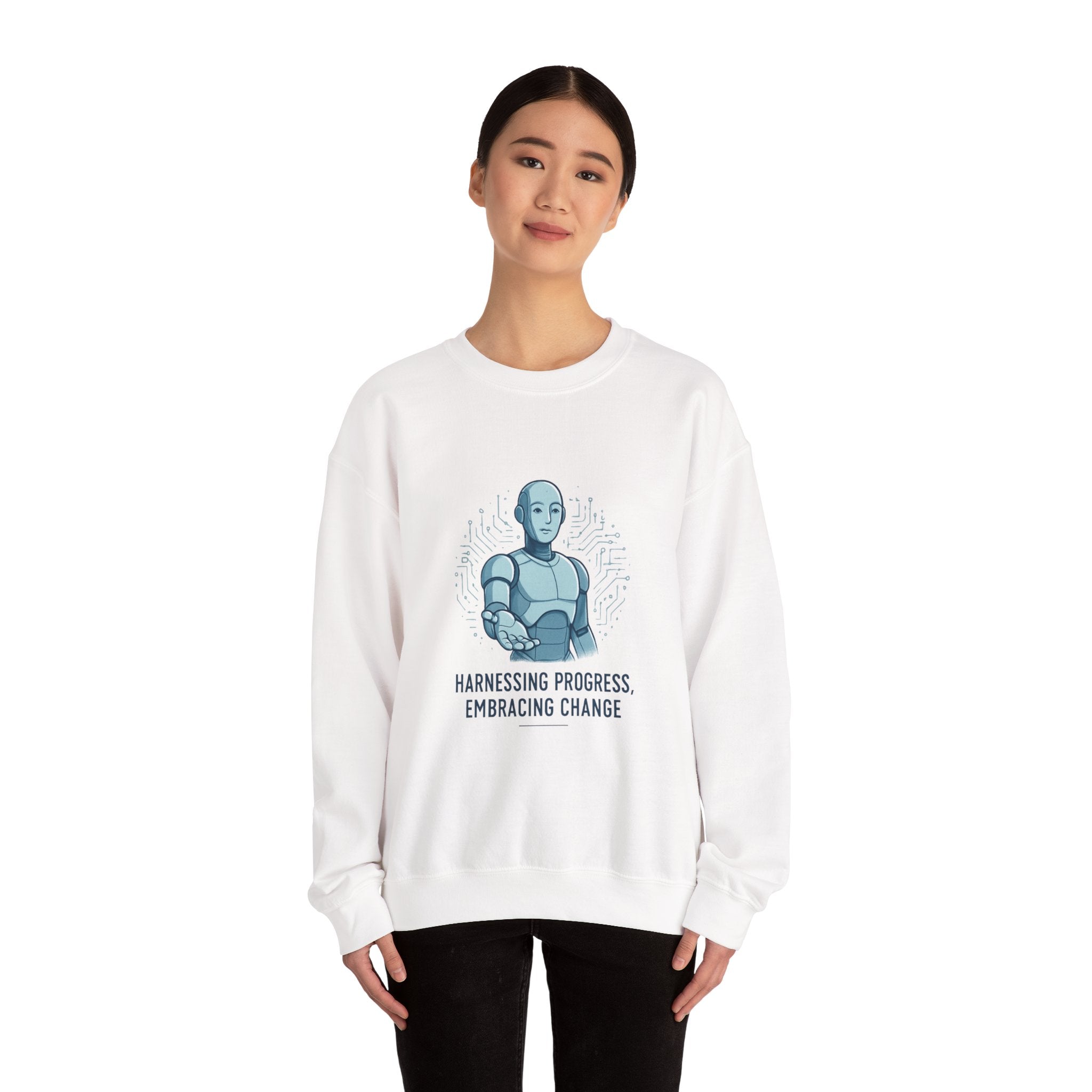 Robot Illustration Sweatshirt — "Harnessing Progress, Embracing Change" Crewneck