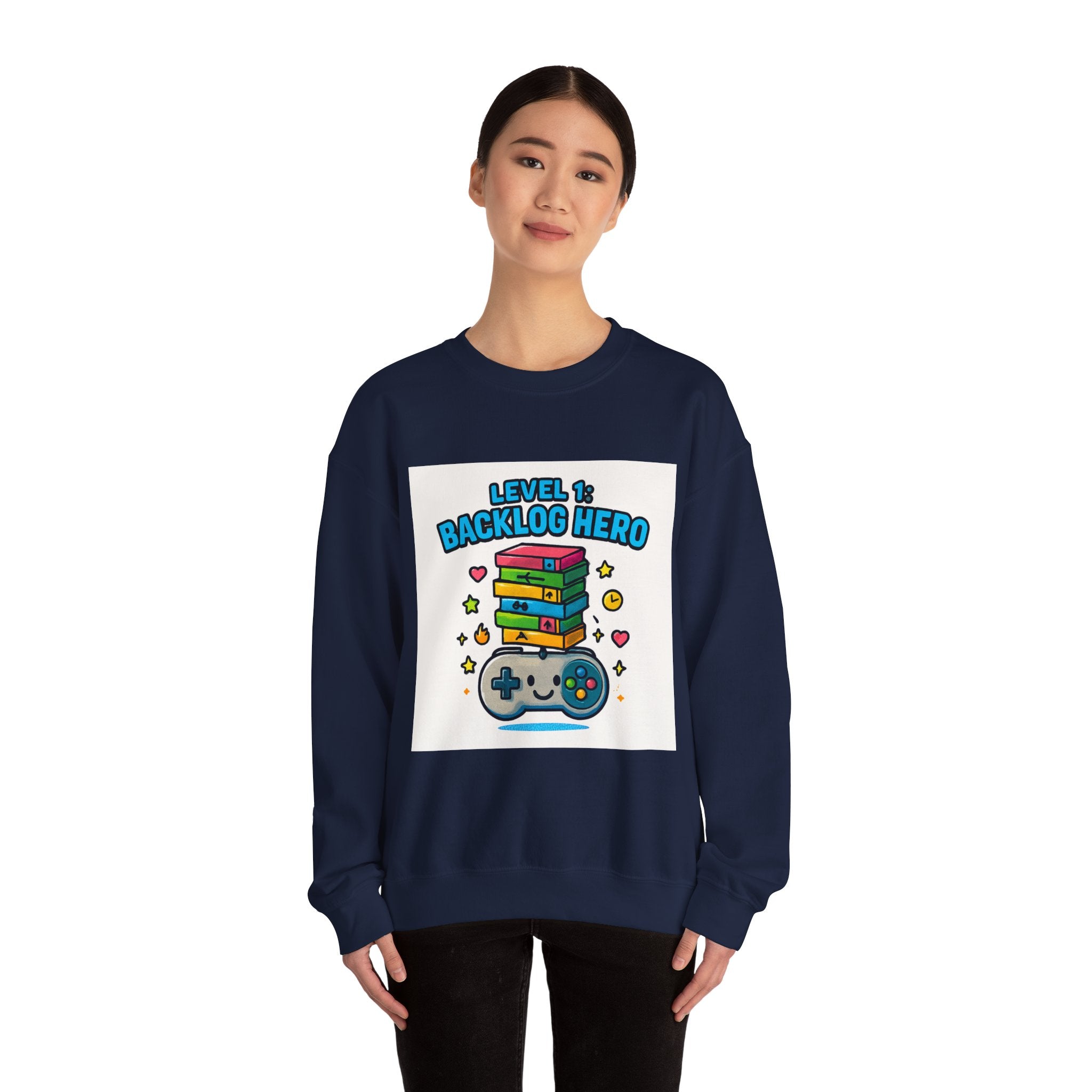 Crewneck Sweatshirt - "Level 1: Backlog Hero" Cute Gamer Controller & Stack of Games Graphic