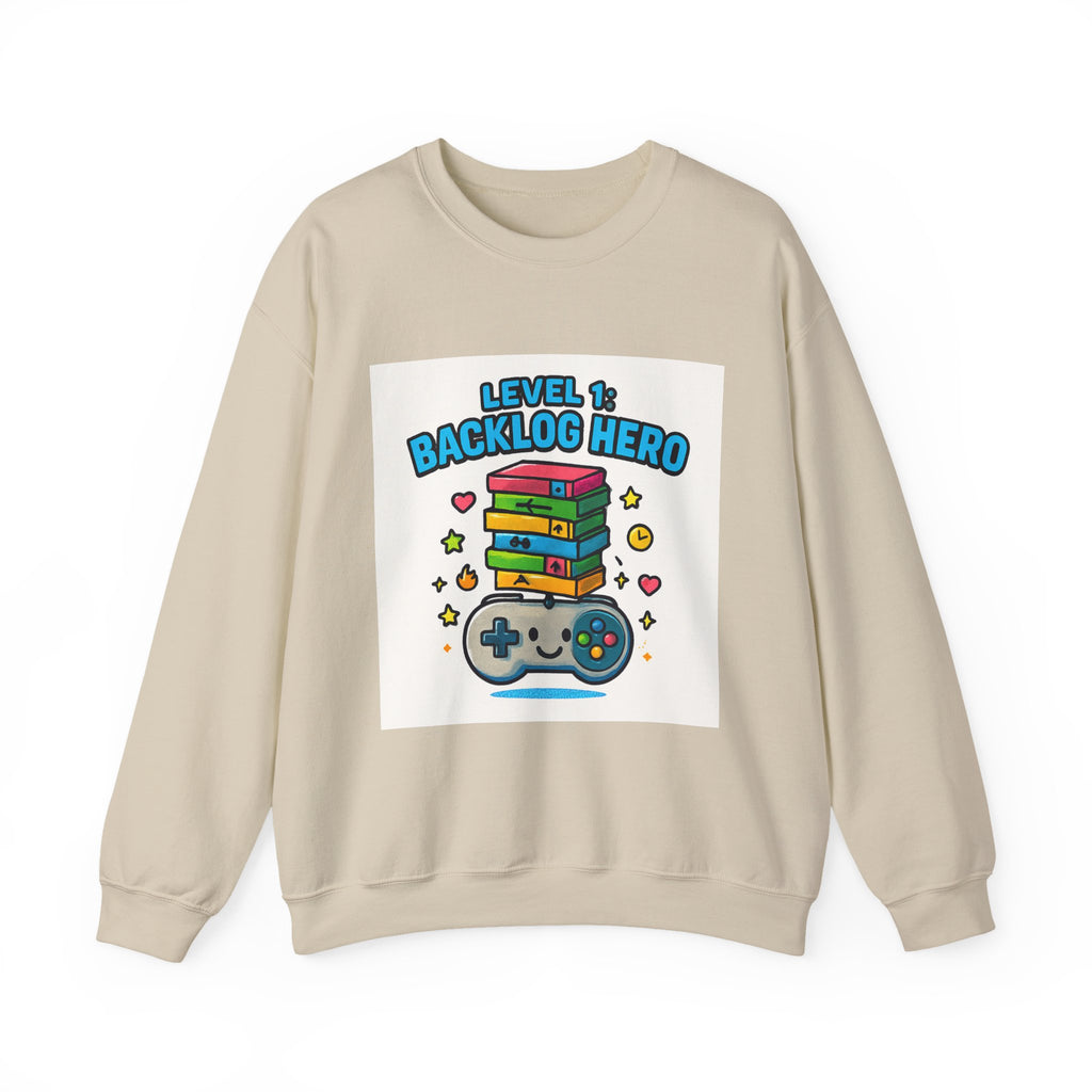 Crewneck Sweatshirt - "Level 1: Backlog Hero" Cute Gamer Controller & Stack of Games Graphic