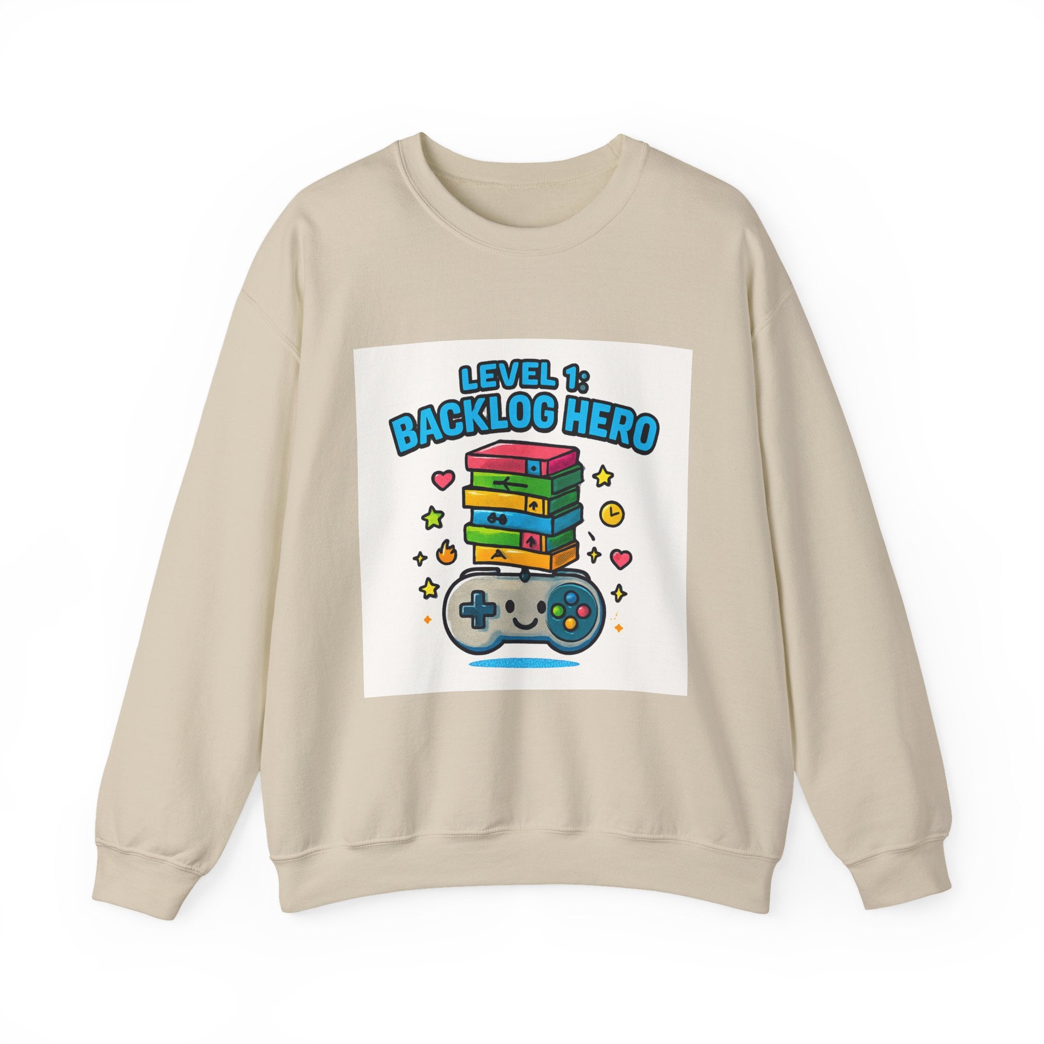 Crewneck Sweatshirt - "Level 1: Backlog Hero" Cute Gamer Controller & Stack of Games Graphic