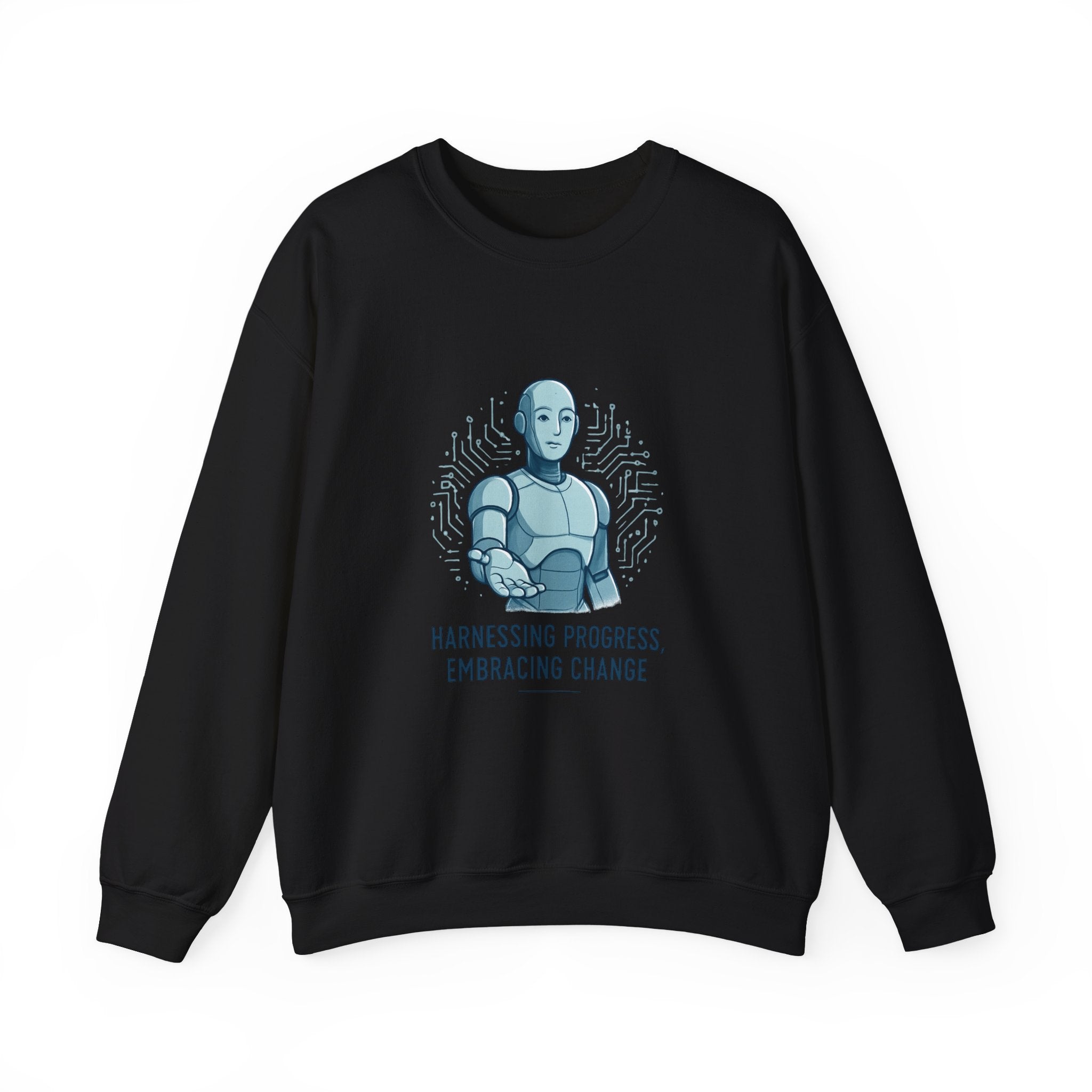 Robot Illustration Sweatshirt — "Harnessing Progress, Embracing Change" Crewneck