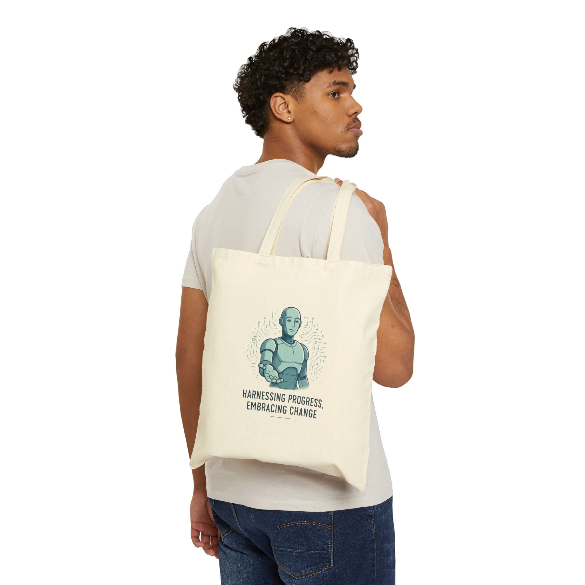 Robot Illustration Tote Bag — "Harnessing Progress, Embracing Change" Cotton Canvas Shopper