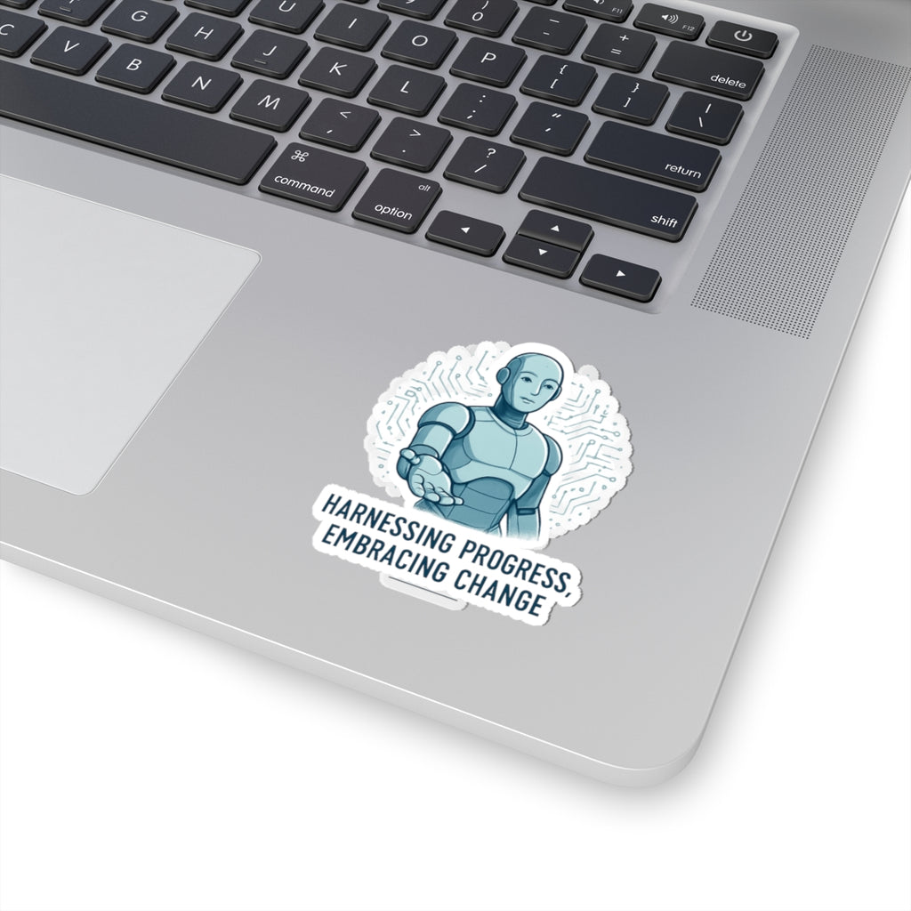 Robot Embrace Sticker — "Harnessing Progress, Embracing Change" Kiss-Cut Vinyl