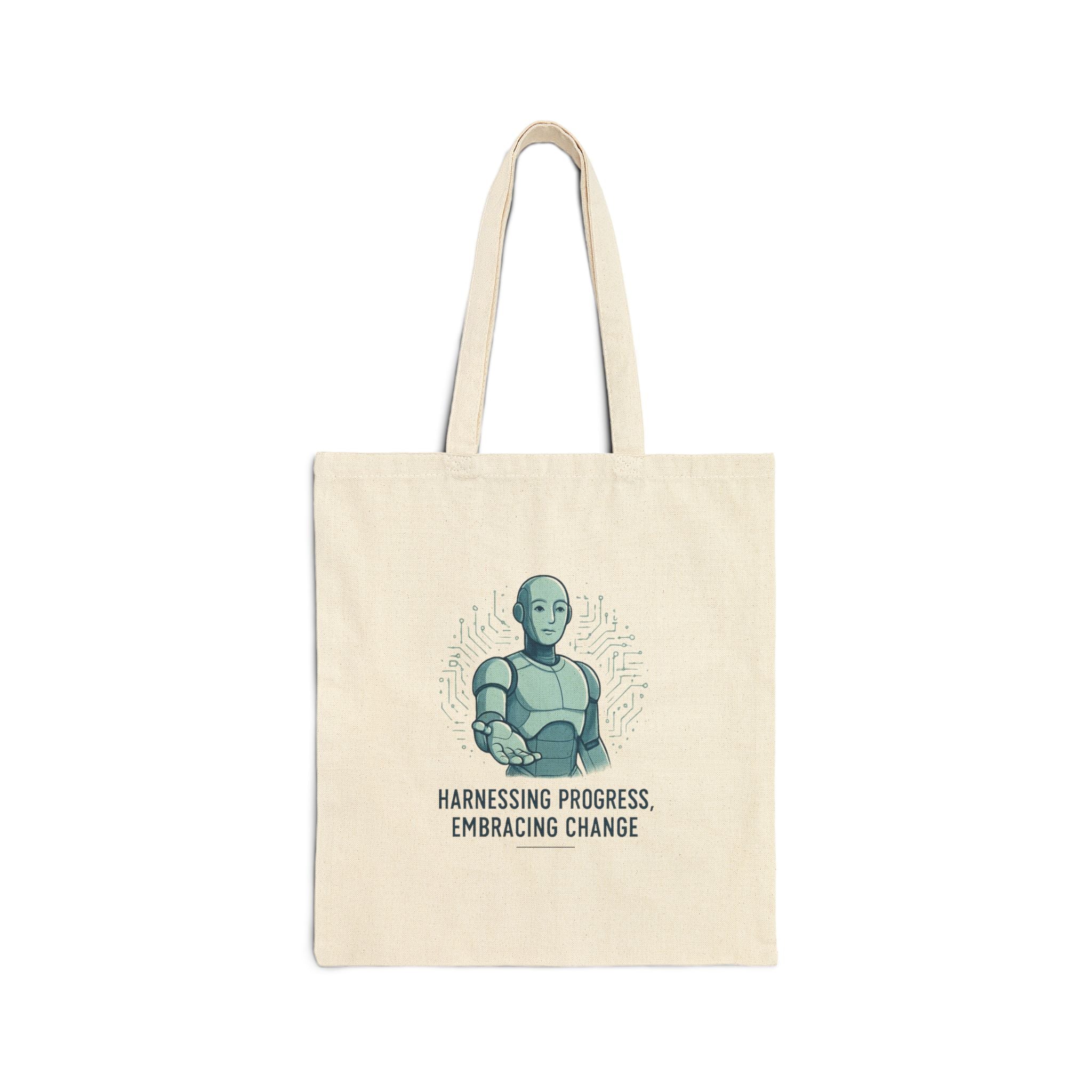 Robot Illustration Tote Bag — "Harnessing Progress, Embracing Change" Cotton Canvas Shopper