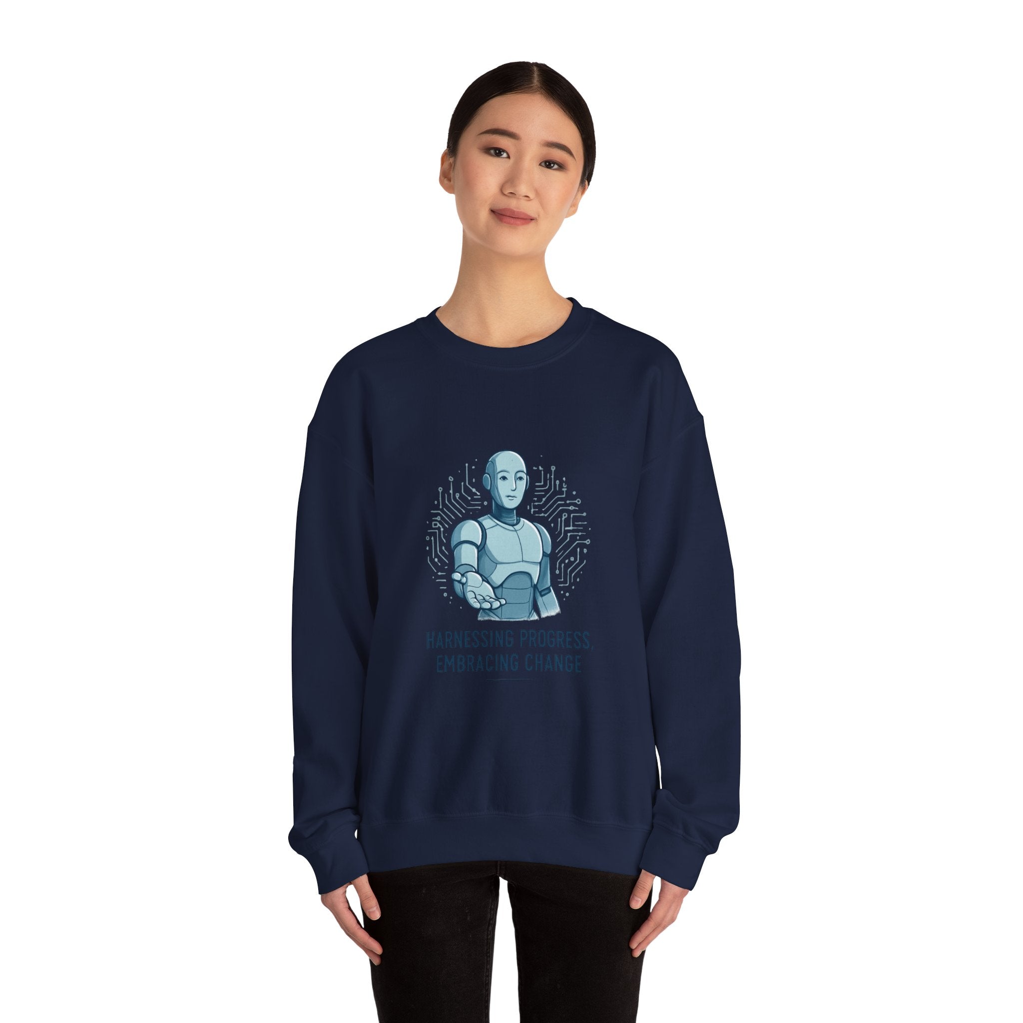 Robot Illustration Sweatshirt — "Harnessing Progress, Embracing Change" Crewneck