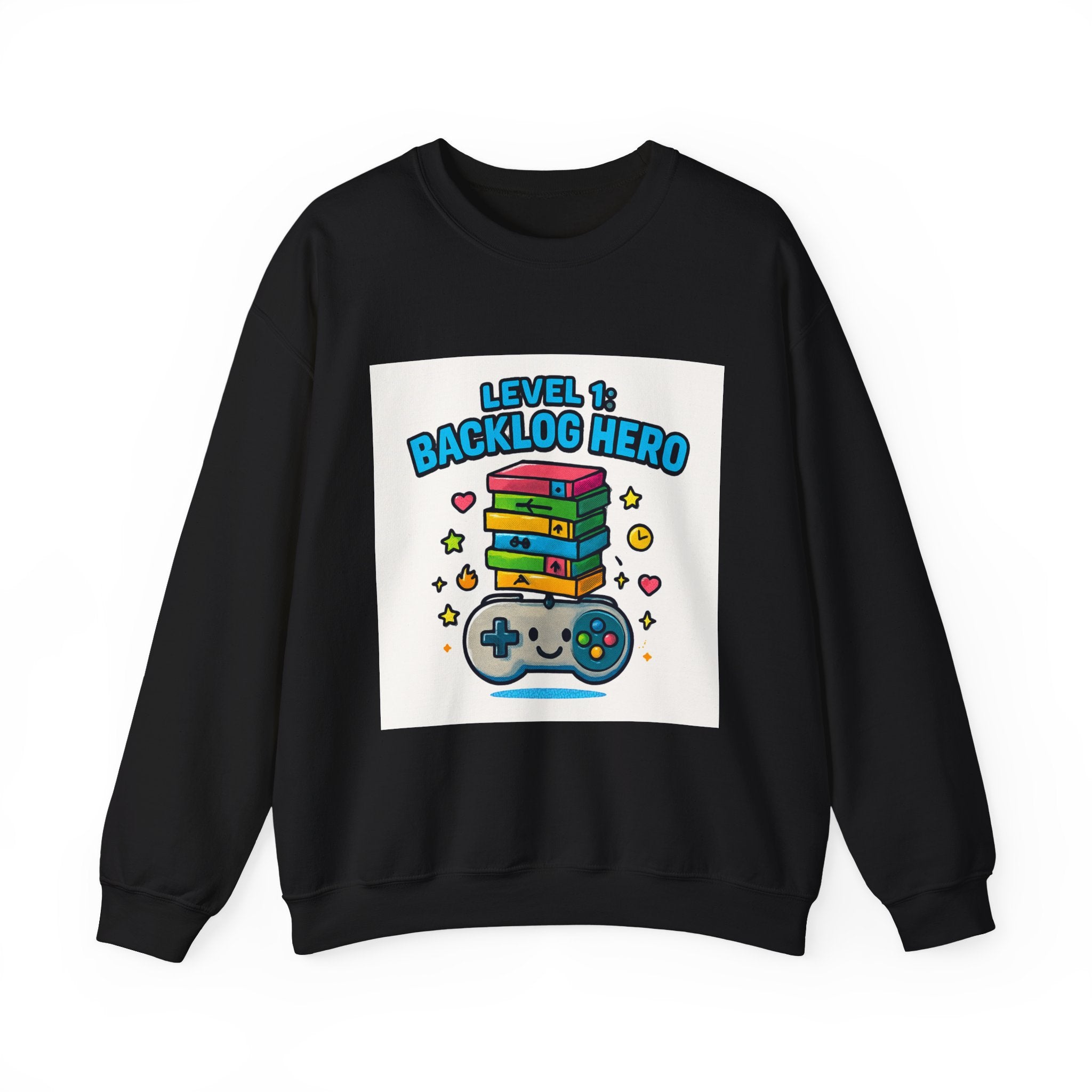 Crewneck Sweatshirt - "Level 1: Backlog Hero" Cute Gamer Controller & Stack of Games Graphic