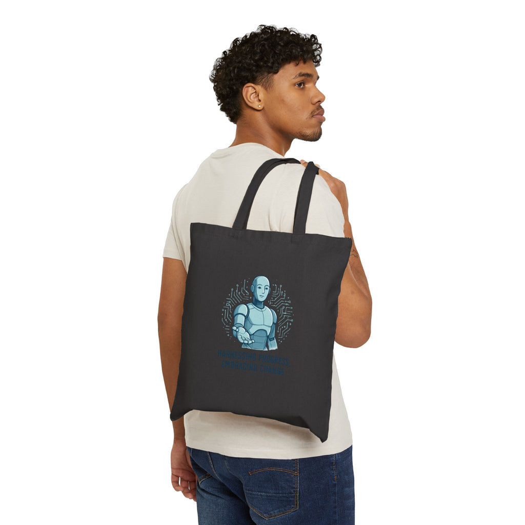 Robot Illustration Tote Bag — "Harnessing Progress, Embracing Change" Cotton Canvas Shopper