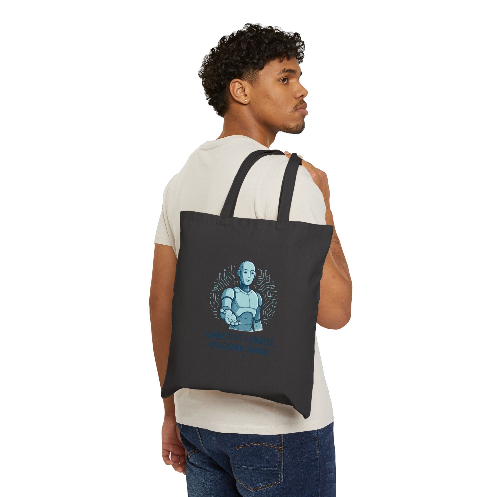 Robot Illustration Tote Bag — "Harnessing Progress, Embracing Change" Cotton Canvas Shopper