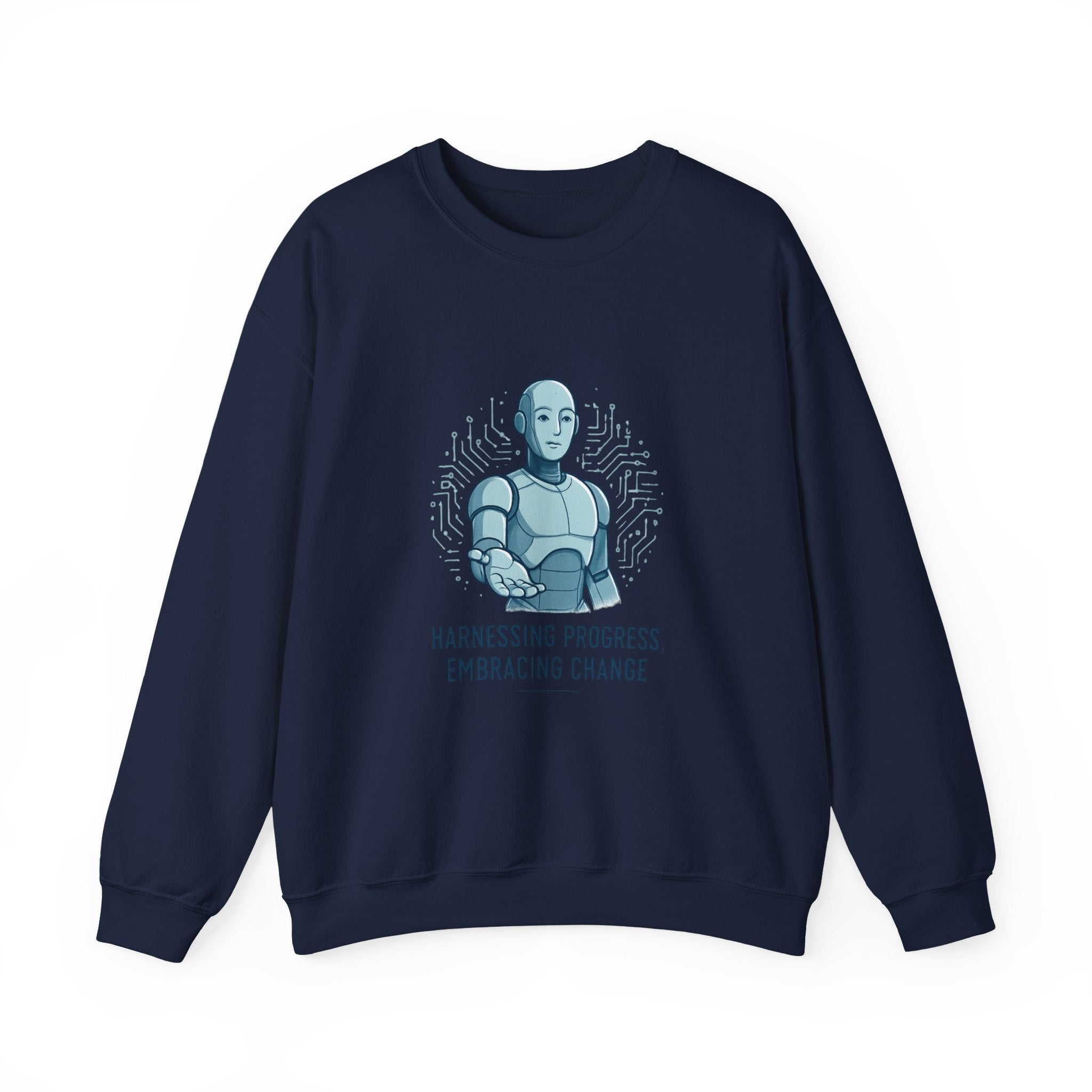 Robot Illustration Sweatshirt — "Harnessing Progress, Embracing Change" Crewneck