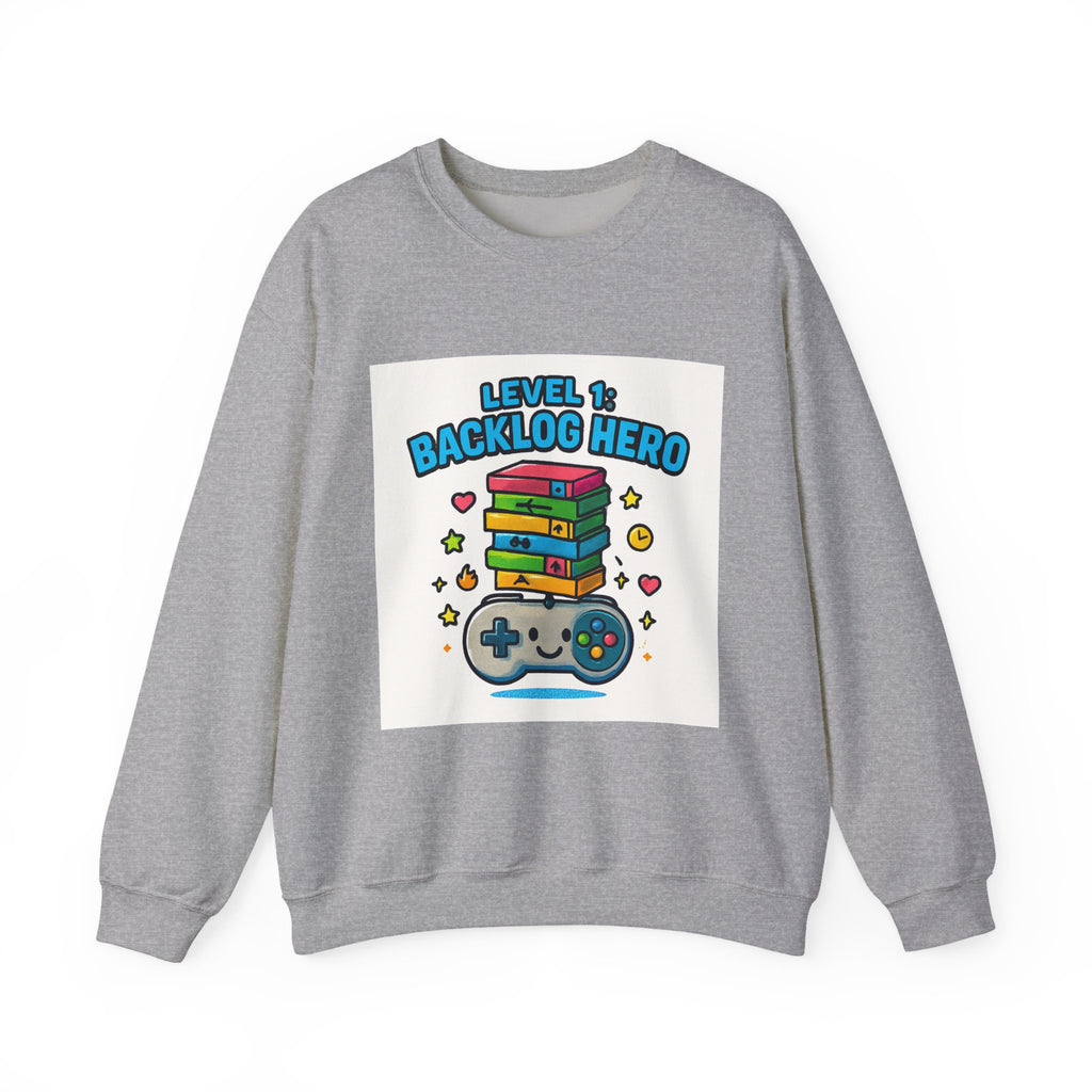 Crewneck Sweatshirt - "Level 1: Backlog Hero" Cute Gamer Controller & Stack of Games Graphic