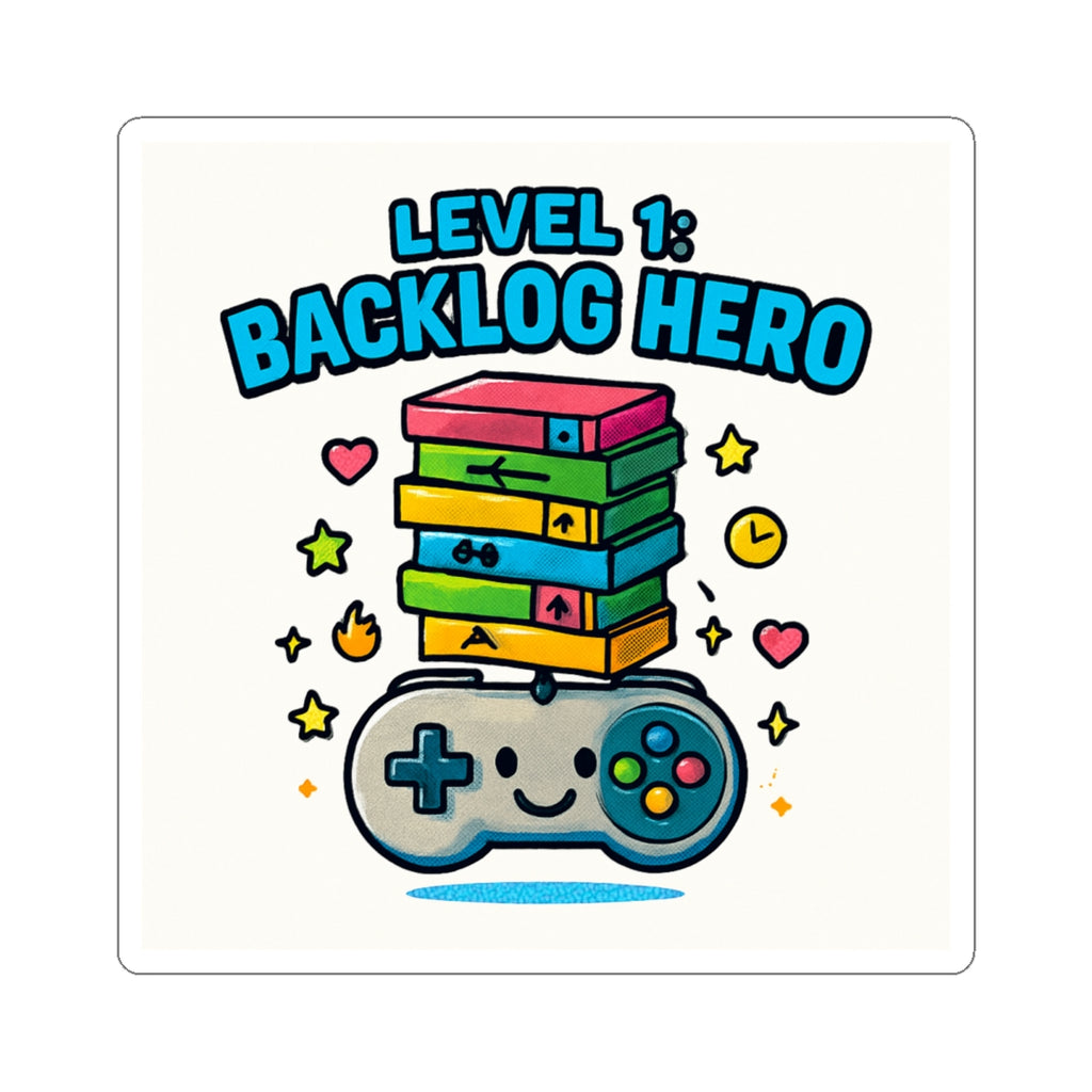 Backlog Hero Sticker — Cute Gamer Controller Stack Kiss-Cut Sticker