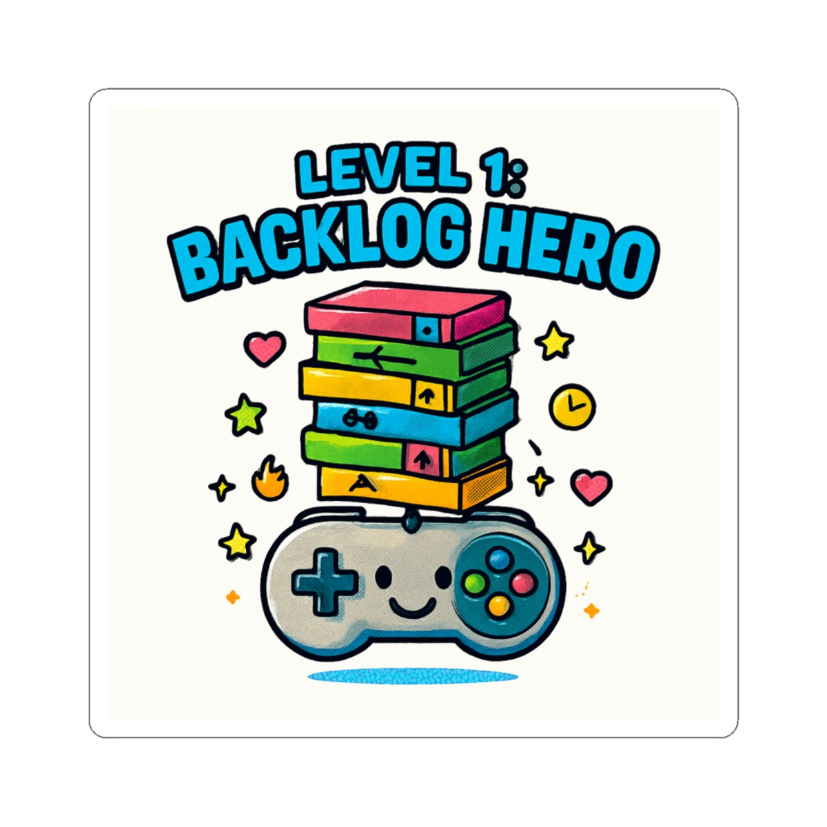 Backlog Hero Sticker — Cute Gamer Controller Stack Kiss-Cut Sticker