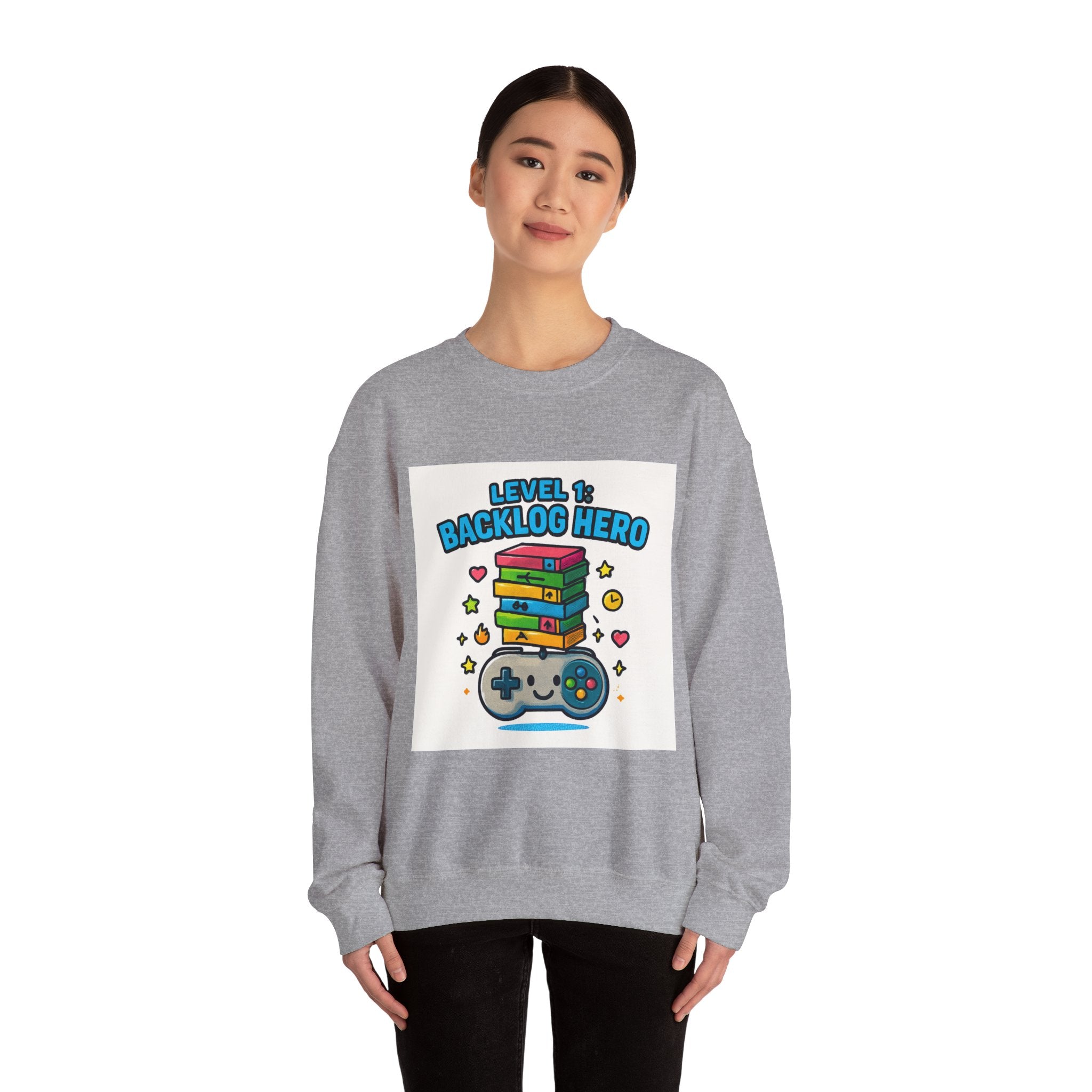 Crewneck Sweatshirt - "Level 1: Backlog Hero" Cute Gamer Controller & Stack of Games Graphic
