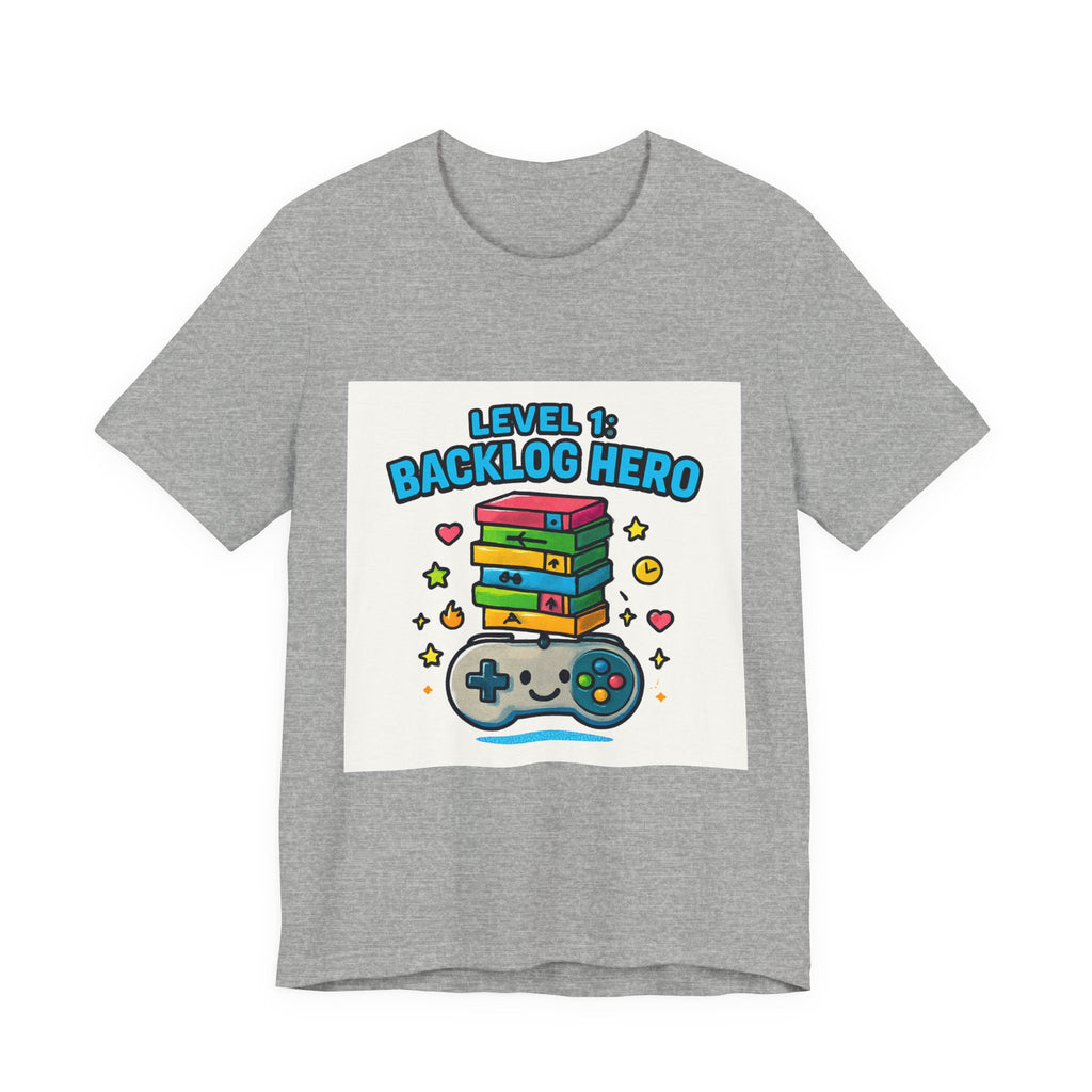 Backlog Hero T-Shirt — Level 1 Gamer Controller & Game Stack Tee
