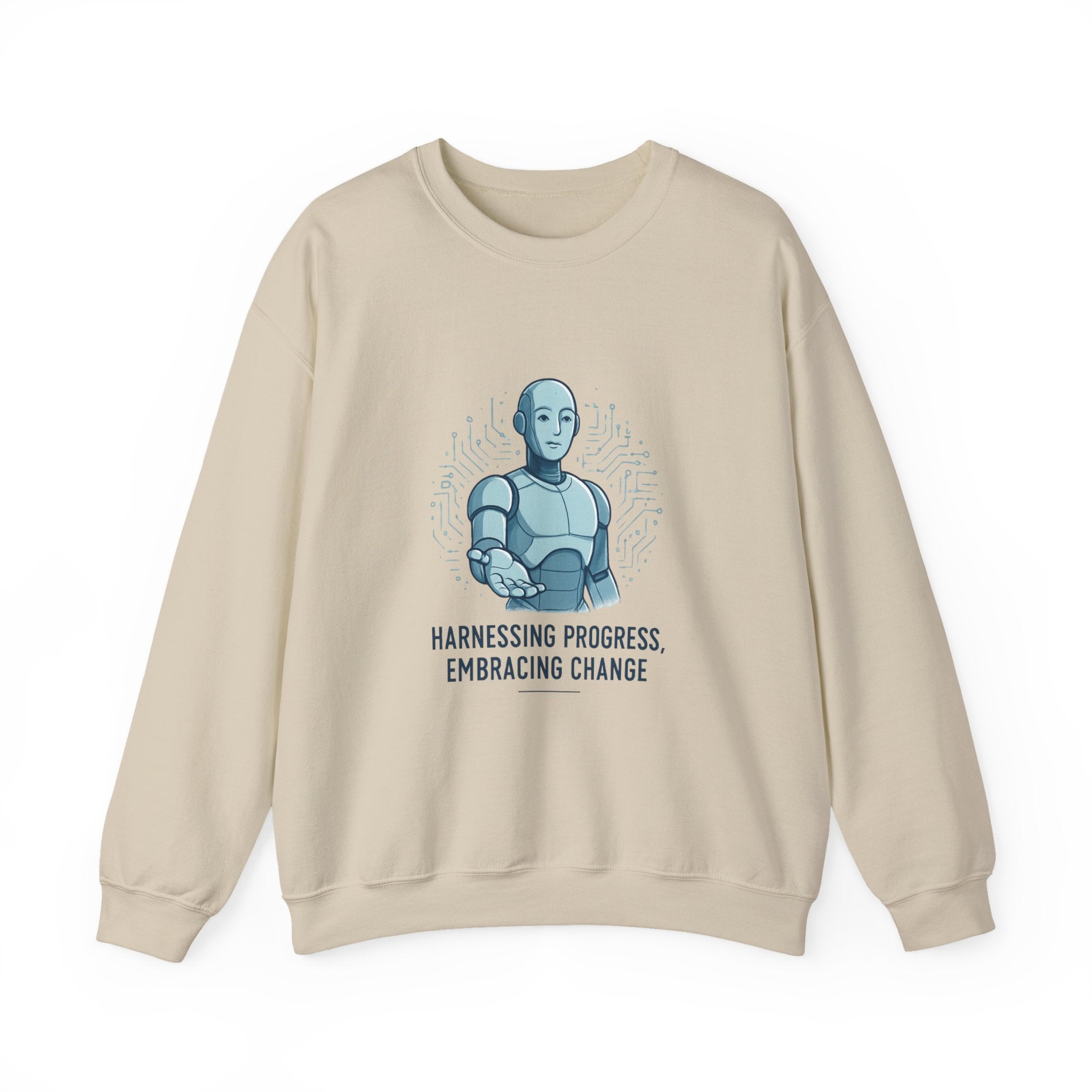 Robot Illustration Sweatshirt — "Harnessing Progress, Embracing Change" Crewneck