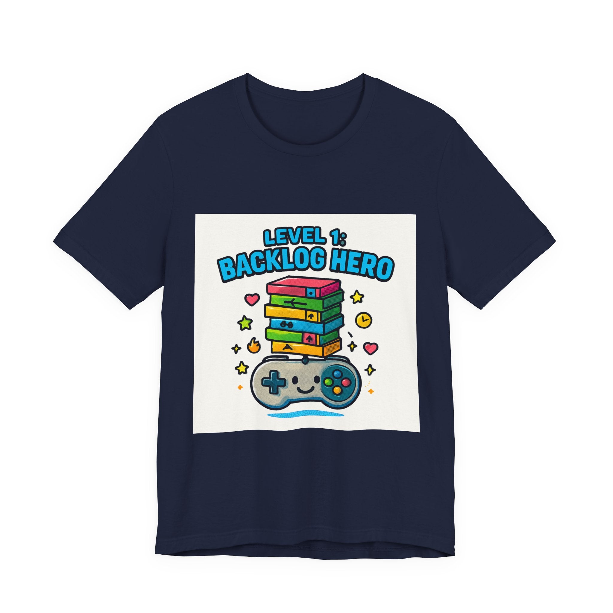 Backlog Hero T-Shirt — Level 1 Gamer Controller & Game Stack Tee
