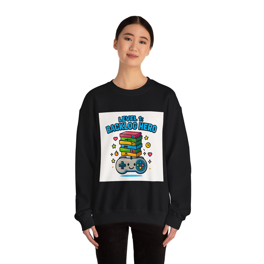 Crewneck Sweatshirt - "Level 1: Backlog Hero" Cute Gamer Controller & Stack of Games Graphic