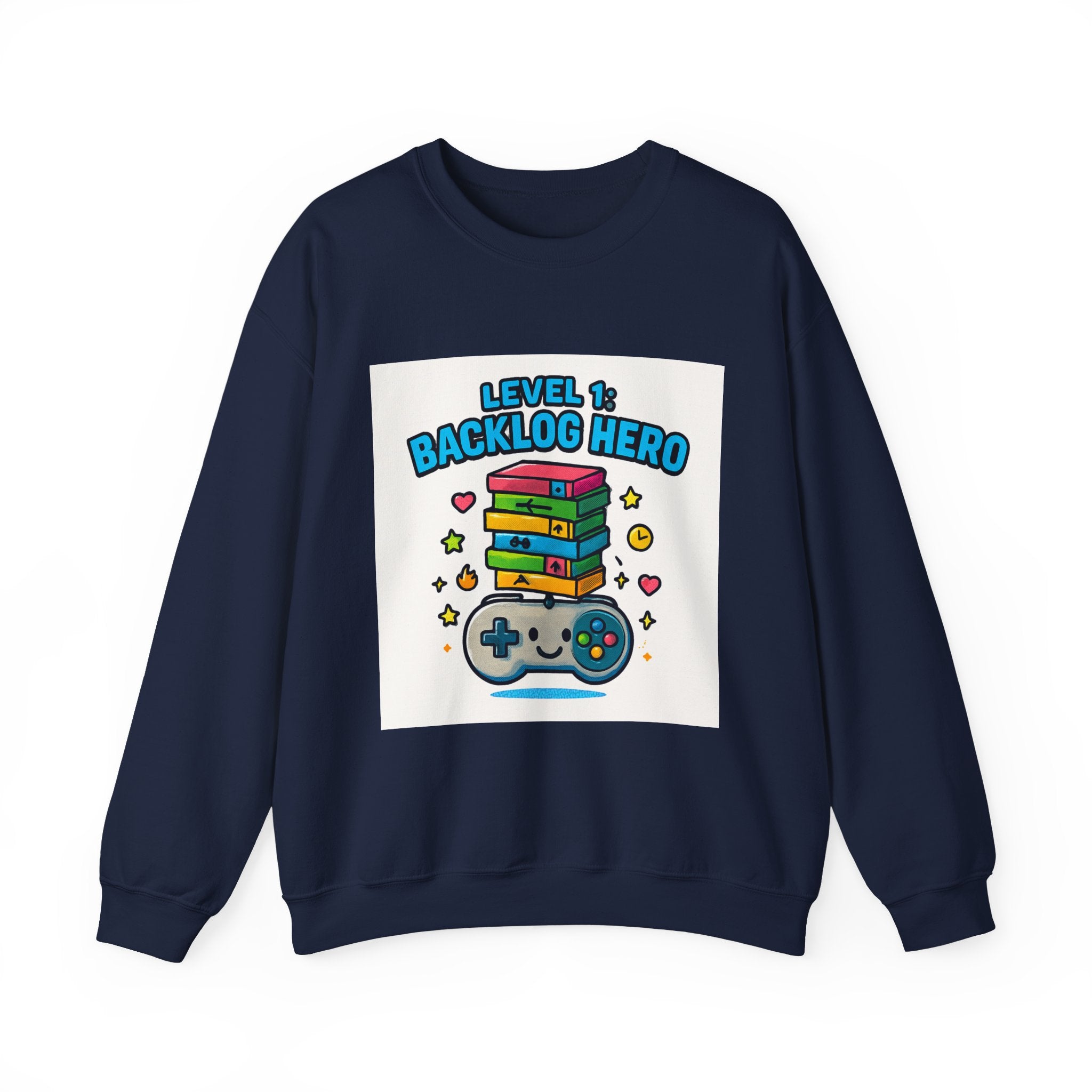 Crewneck Sweatshirt - "Level 1: Backlog Hero" Cute Gamer Controller & Stack of Games Graphic