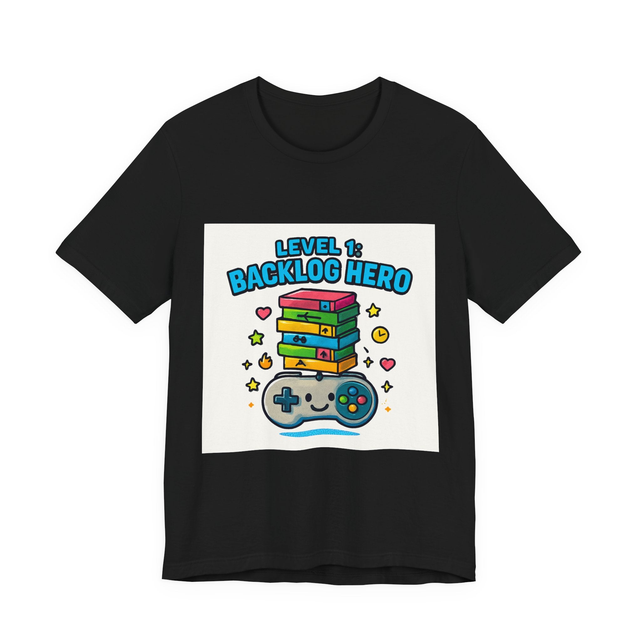Backlog Hero T-Shirt — Level 1 Gamer Controller & Game Stack Tee