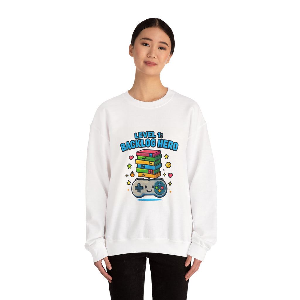 Crewneck Sweatshirt - "Level 1: Backlog Hero" Cute Gamer Controller & Stack of Games Graphic