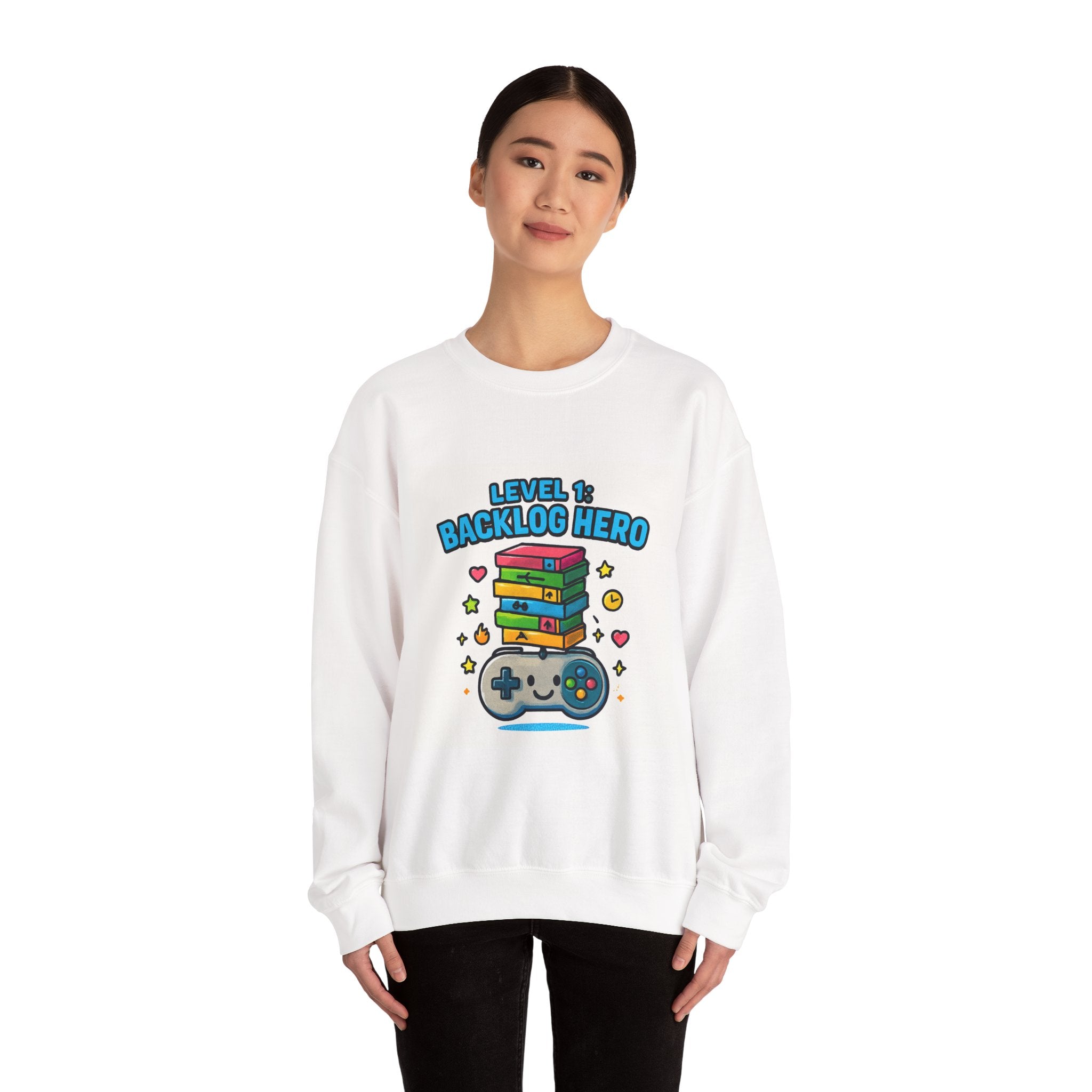 Crewneck Sweatshirt - "Level 1: Backlog Hero" Cute Gamer Controller & Stack of Games Graphic