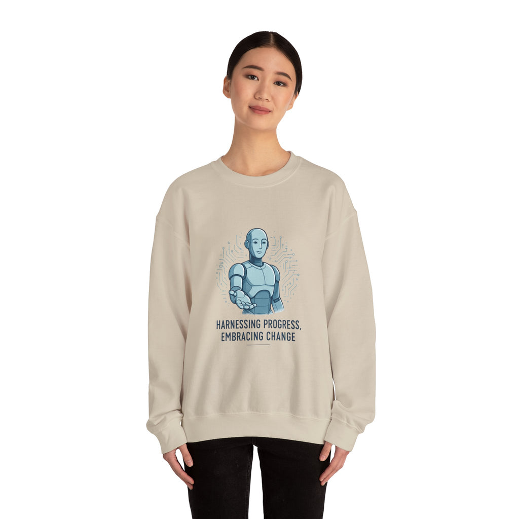 Robot Illustration Sweatshirt — "Harnessing Progress, Embracing Change" Crewneck