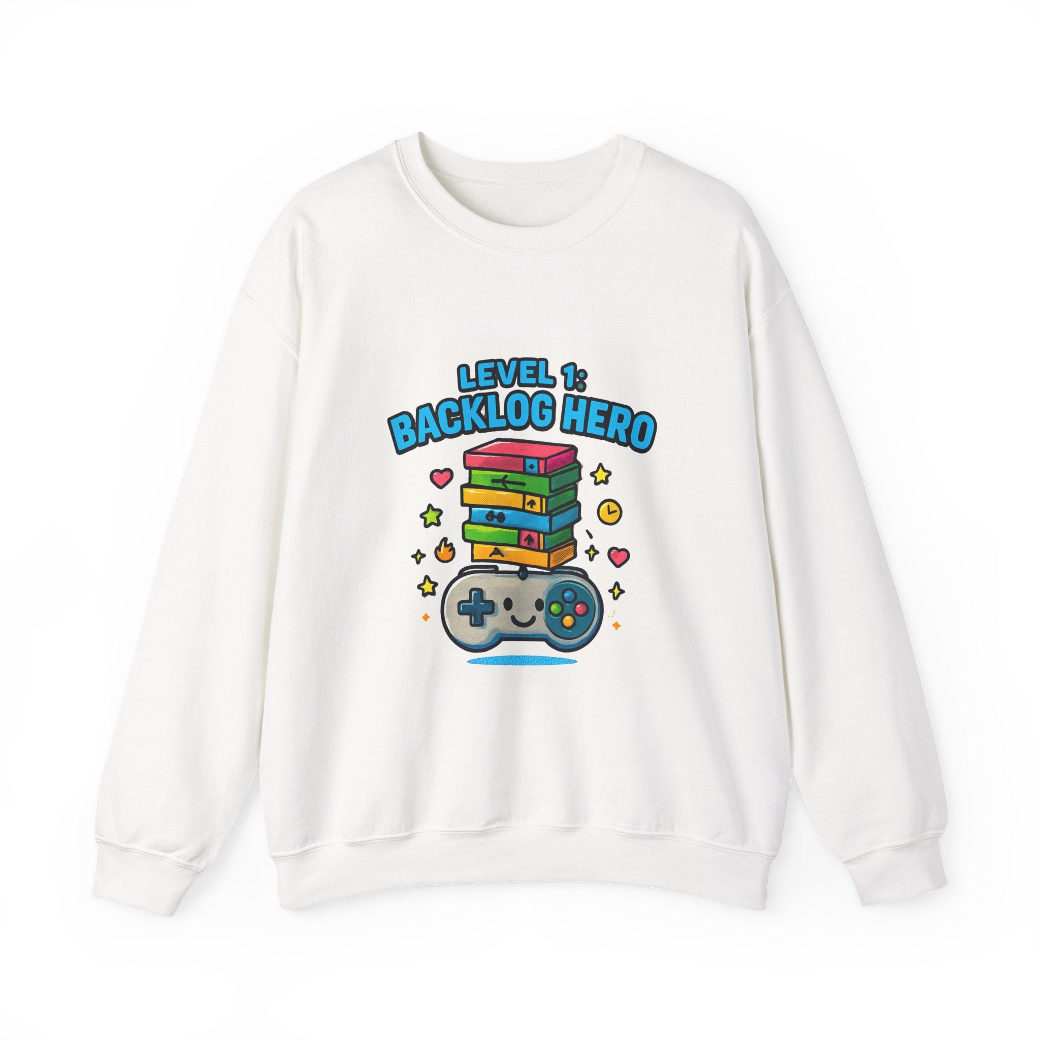 Crewneck Sweatshirt - "Level 1: Backlog Hero" Cute Gamer Controller & Stack of Games Graphic