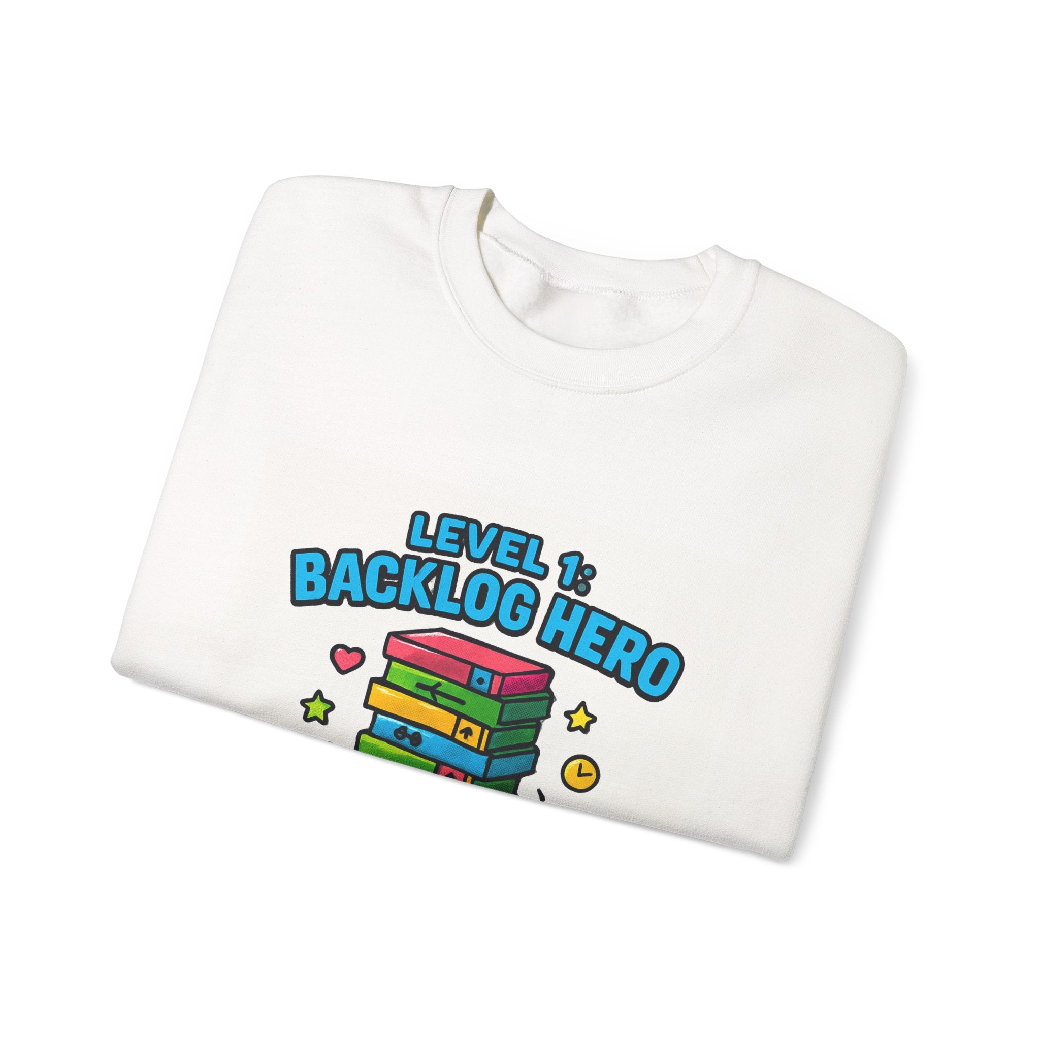 Crewneck Sweatshirt - "Level 1: Backlog Hero" Cute Gamer Controller & Stack of Games Graphic