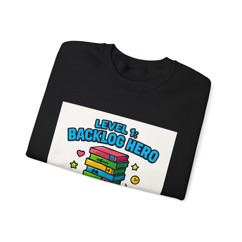 Crewneck Sweatshirt - "Level 1: Backlog Hero" Cute Gamer Controller & Stack of Games Graphic
