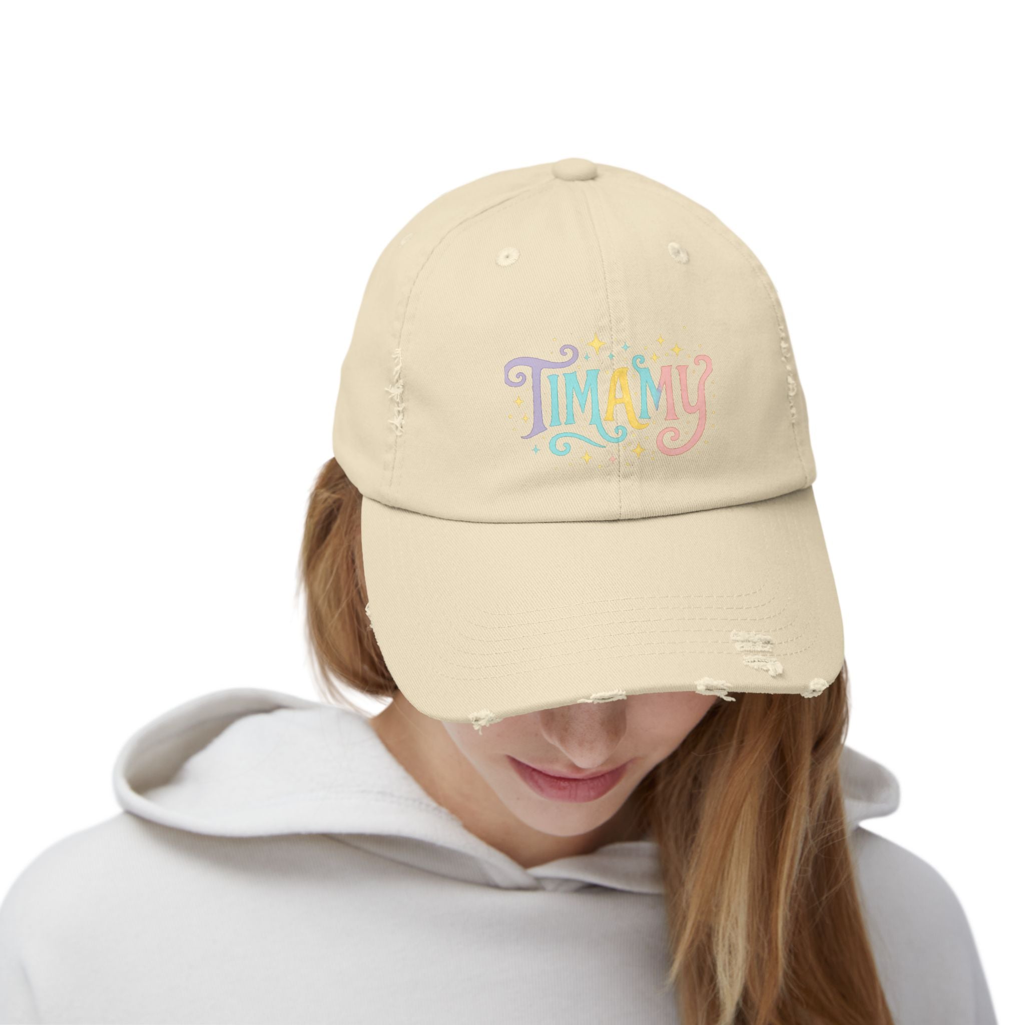 Distressed Baseball Cap — "MAMY" Pastel Retro Script Hat for Moms, Mother's Day Gift