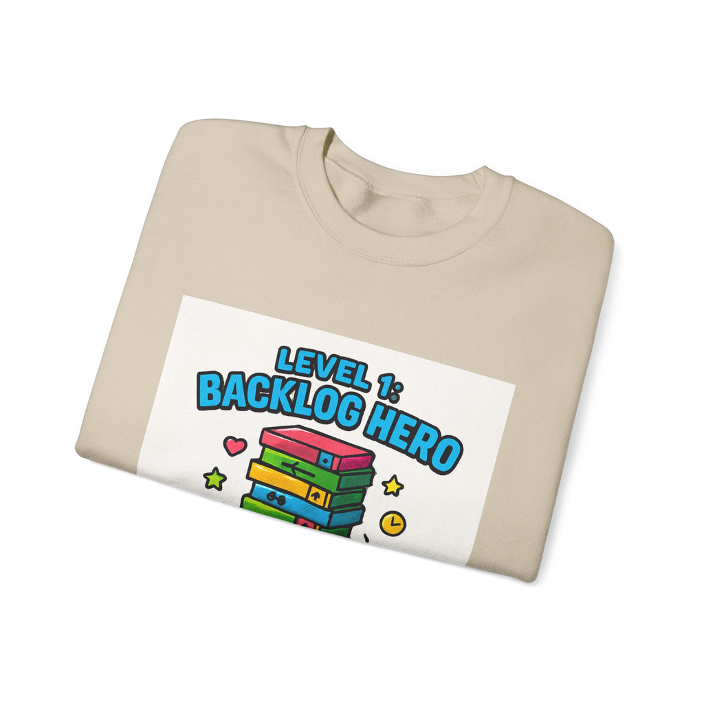 Crewneck Sweatshirt - "Level 1: Backlog Hero" Cute Gamer Controller & Stack of Games Graphic