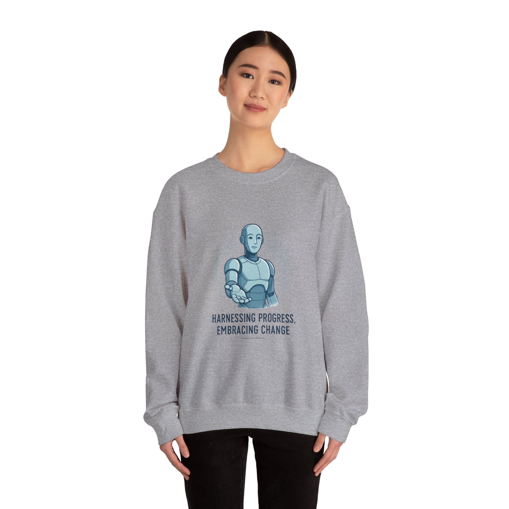 Robot Illustration Sweatshirt — "Harnessing Progress, Embracing Change" Crewneck