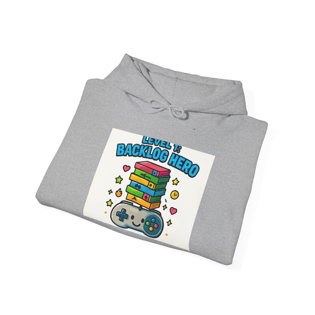 Backlog Hero Gamer Hoodie — Funny Video Game Stack Design