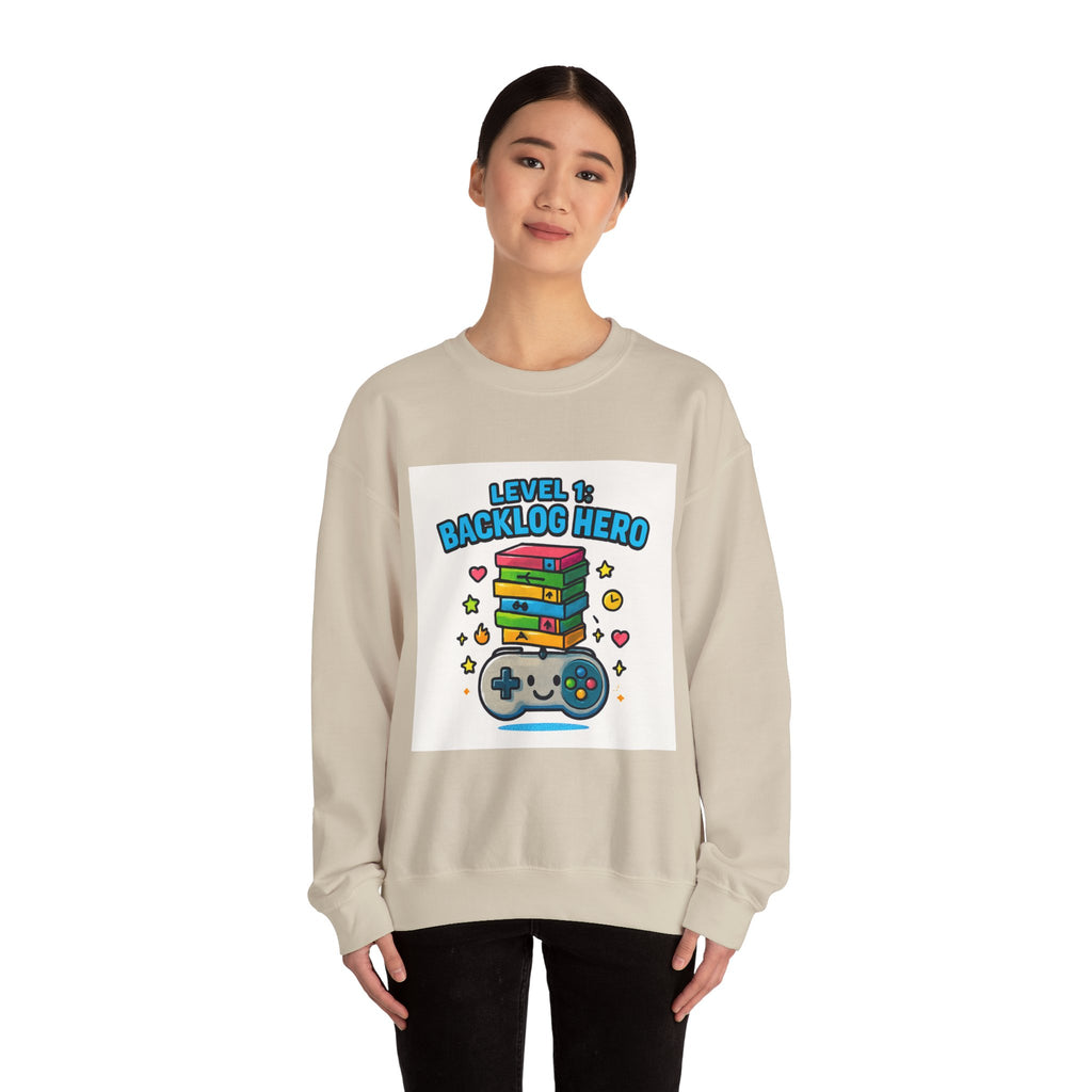 Crewneck Sweatshirt - "Level 1: Backlog Hero" Cute Gamer Controller & Stack of Games Graphic