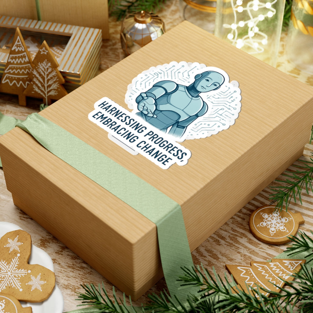 Robot Embrace Sticker — "Harnessing Progress, Embracing Change" Kiss-Cut Vinyl