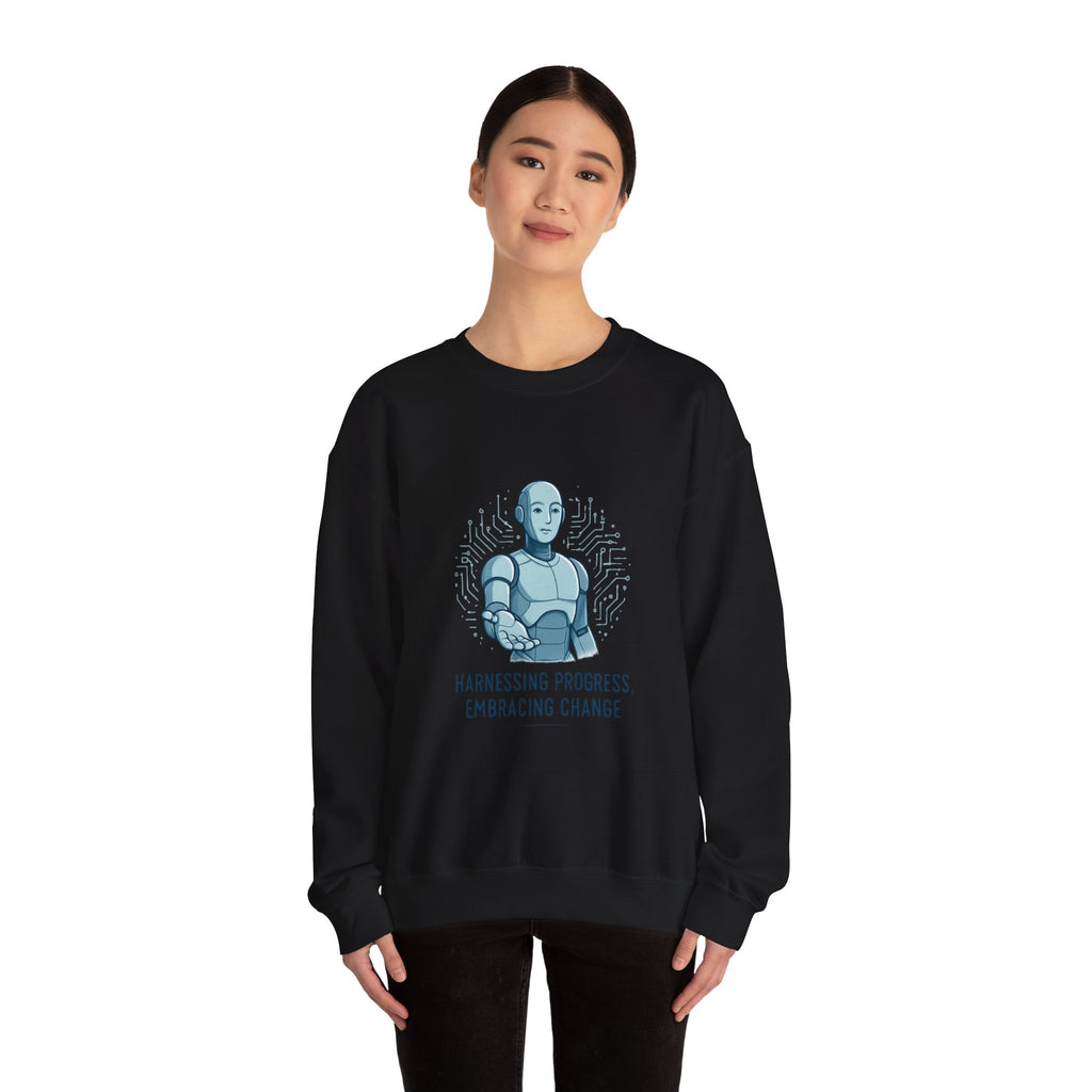 Robot Illustration Sweatshirt — "Harnessing Progress, Embracing Change" Crewneck