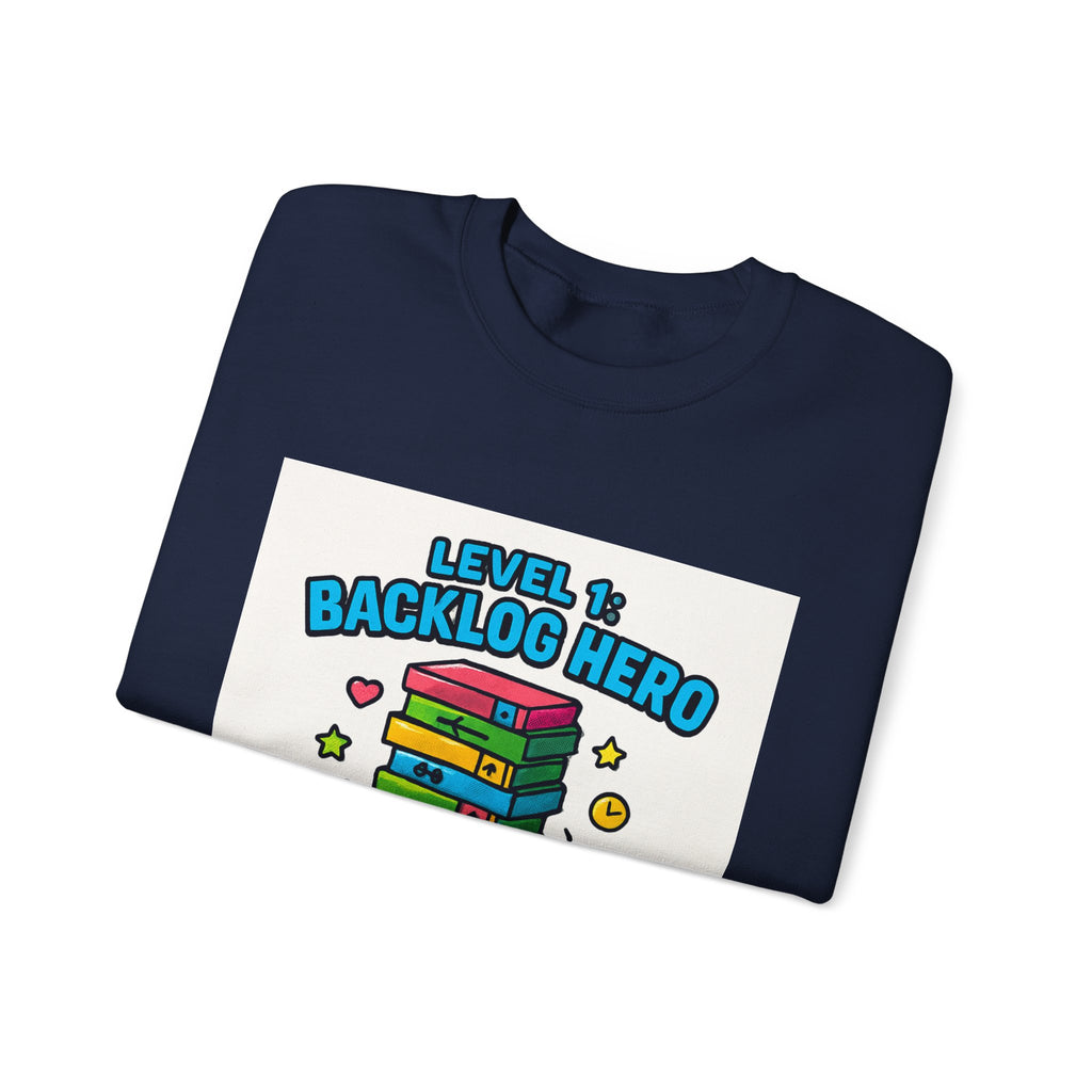 Crewneck Sweatshirt - "Level 1: Backlog Hero" Cute Gamer Controller & Stack of Games Graphic