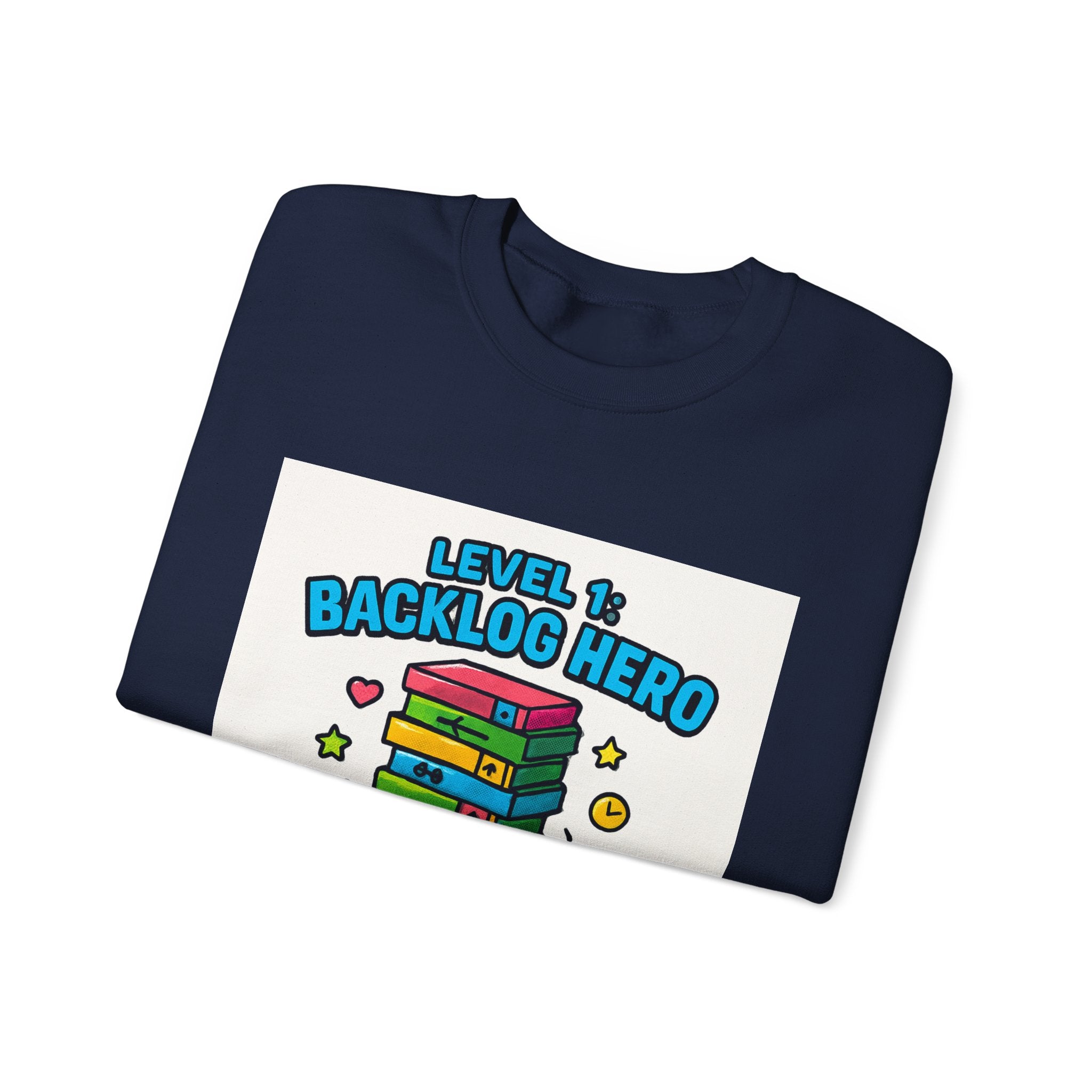 Crewneck Sweatshirt - "Level 1: Backlog Hero" Cute Gamer Controller & Stack of Games Graphic